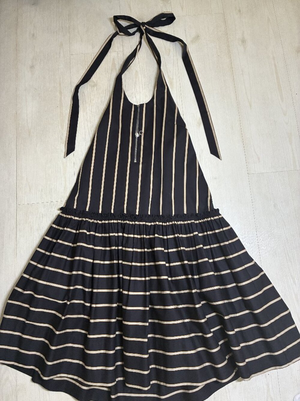 LOVER (REVOLVE) Drop Waist Halter Midi Dress Deep Navy and Beige S-M